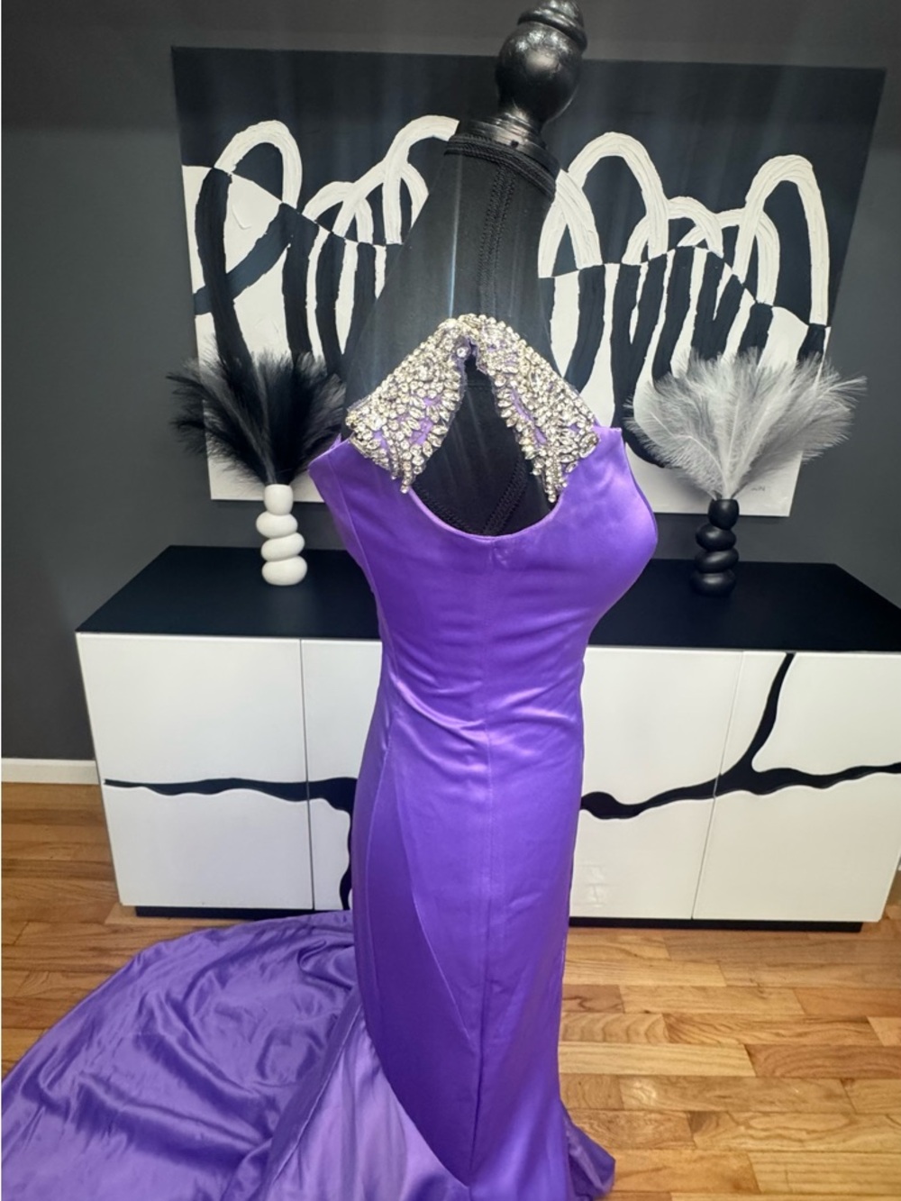 Rachel Allan Purple Satin Mermaid Gown Size 2 Pearl Strap Train Prom Dress - Picture 5 of 9